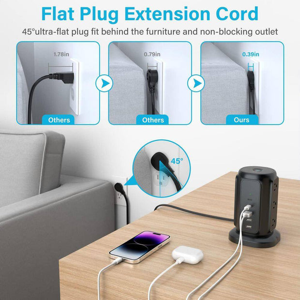 9-Outlet Power Strip Tower Surge Protector with 6.5 Ft. Flat Plug Extension Cord, 3 USB-A & 2 USB-C Ports, Black