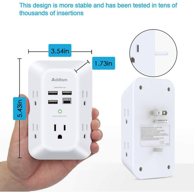 5-Outlet Power Strip Surge Protector with 4 USB Port 3 Sided Wall Adapter in White ( 2 Pack)