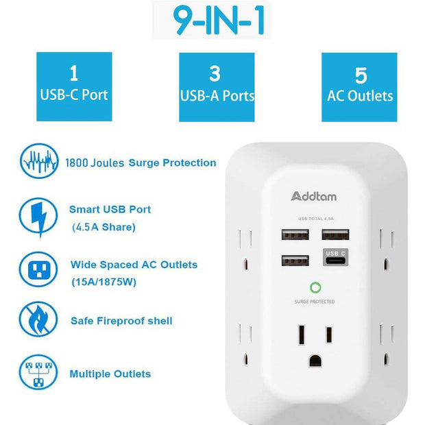 5-Outlet Power Strip Surge Protector with 4 USB Port 3 Sided Wall Adapter in White ( 2 Pack)