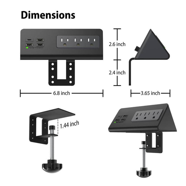 7-Outlet Edge Mount Power Strip Surge Protector with USB-C Ports & 3 AC Outlets