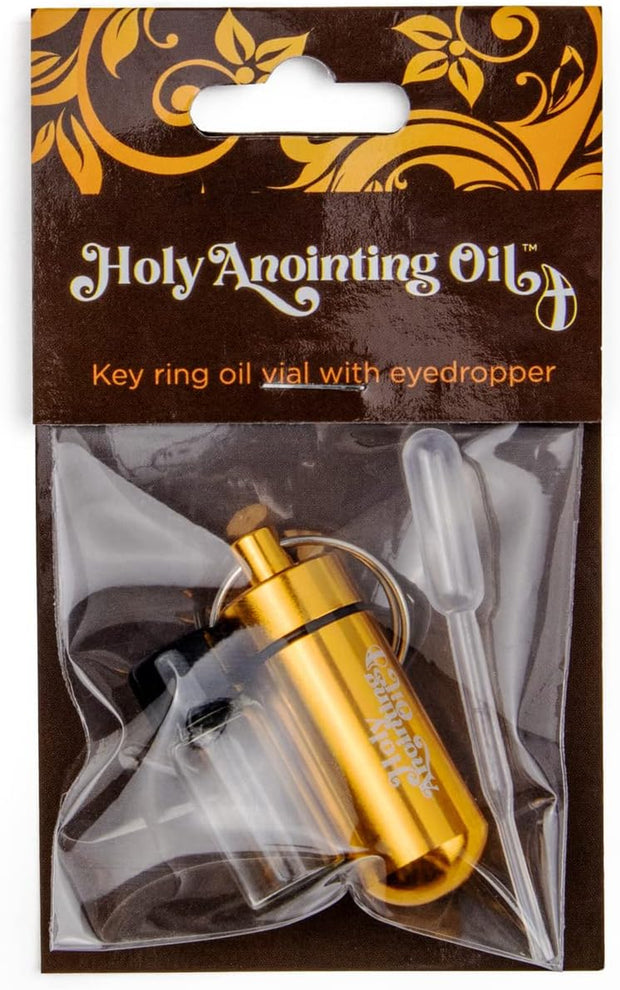 Anointing Oil Bottle Accessory Kit, Gold Keychain Container, Plastic Eyedropper & Small Empty Glass Vial, Screw Top Metal Holder, Protective Travel Set for Holy Oils, Botellas Para Aceite Ungido