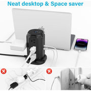 9-Outlet Power Strip Tower Surge Protector with 6.5 Ft. Flat Plug Extension Cord, 3 USB-A & 2 USB-C Ports, Black