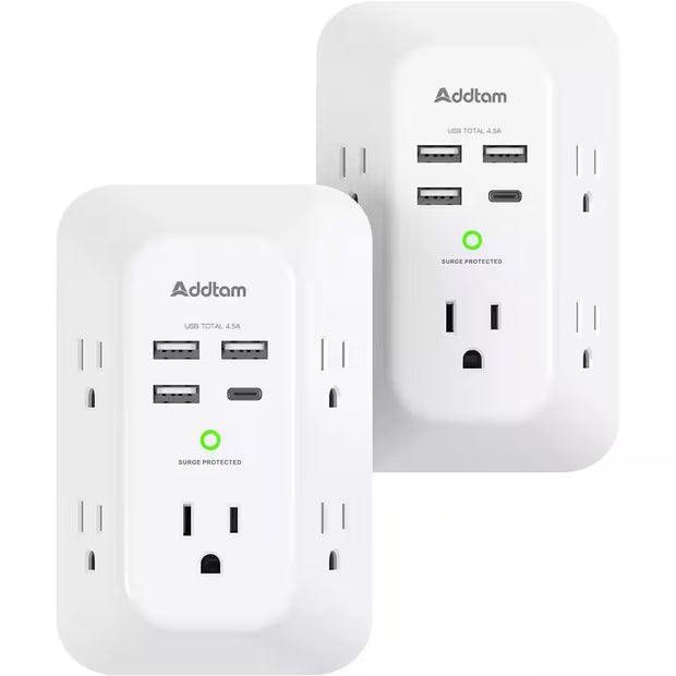 5-Outlet Power Strip Surge Protector with 4 USB Port 3 Sided Wall Adapter in White ( 2 Pack)