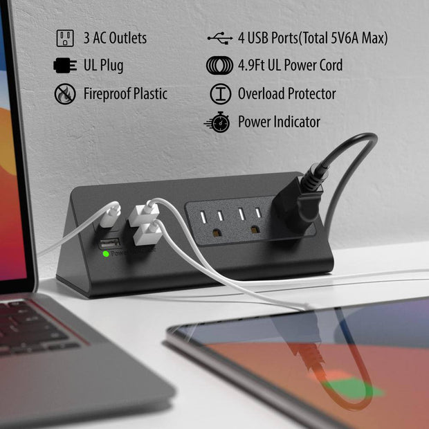 7-Outlet Edge Mount Power Strip Surge Protector with USB-C Ports & 3 AC Outlets