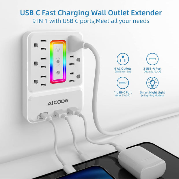 Outlet Extender with USB C, Multi Outlet Surge Protector with Nightlight, 6 Out
