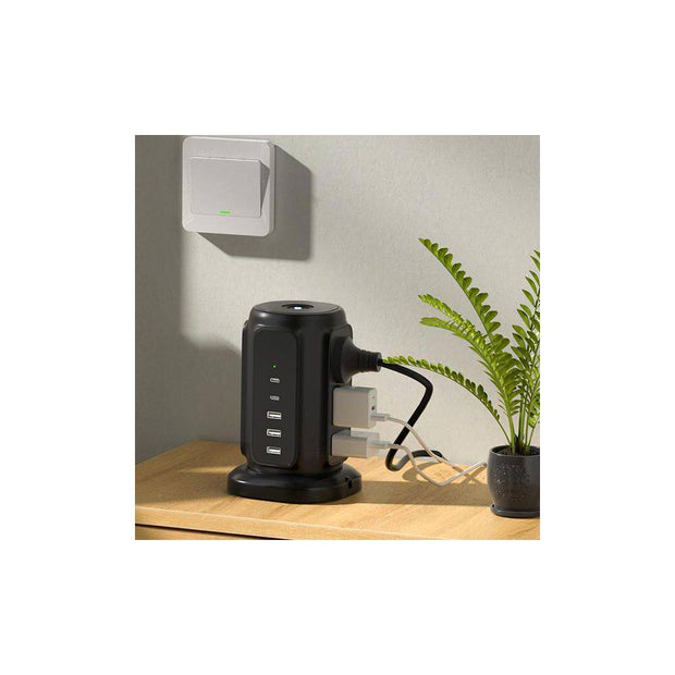 9-Outlet Power Strip Tower Surge Protector with 6.5 Ft. Flat Plug Extension Cord, 3 USB-A & 2 USB-C Ports, Black