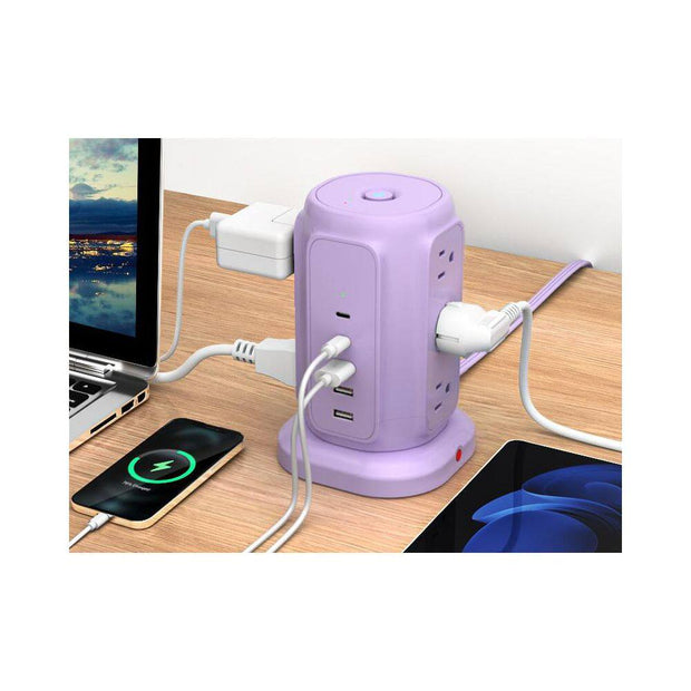 9-Outlet Power Strip Tower Surge Protector with 6.5 Ft. Flat Plug Extension Cord, 3 USB-A & 2 USB-C Ports, Purple