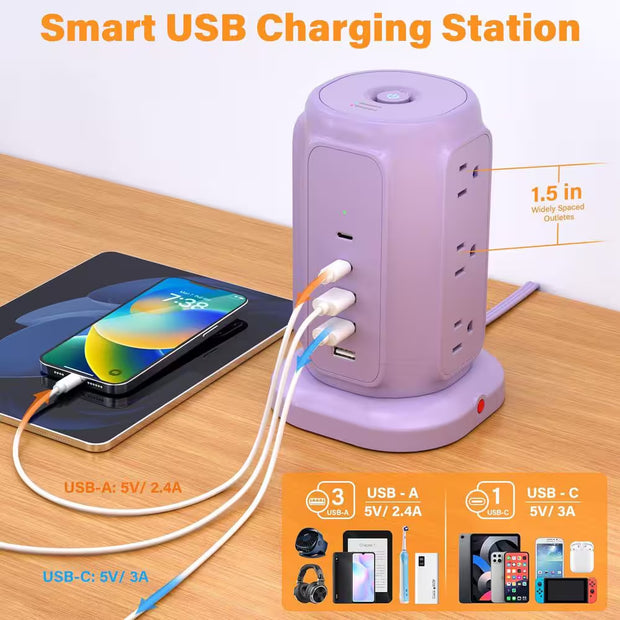 9-Outlet Power Strip Tower Surge Protector with 6.5 Ft. Flat Plug Extension Cord, 3 USB-A & 2 USB-C Ports, Purple