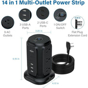 9-Outlet Power Strip Tower Surge Protector with 6.5 Ft. Flat Plug Extension Cord, 3 USB-A & 2 USB-C Ports, Black