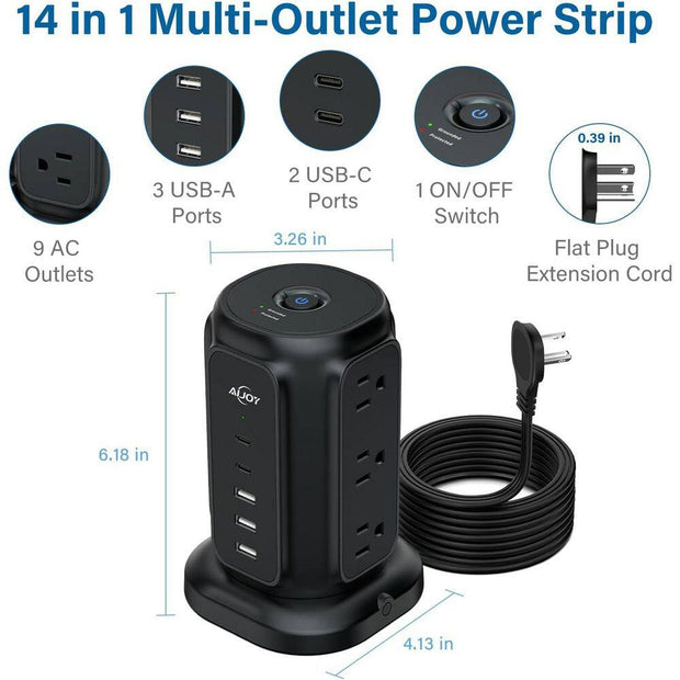 9-Outlet Power Strip Tower Surge Protector with 6.5 Ft. Flat Plug Extension Cord, 3 USB-A & 2 USB-C Ports, Black