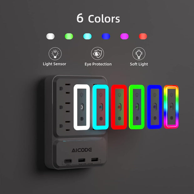 Outlet Extender with USB C, Multi Outlet Surge Protector with Nightlight, 6 Out