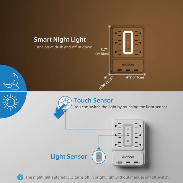 Outlet Extender with USB C, Multi Outlet Surge Protector with Nightlight, 6 Out