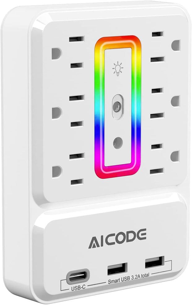 Outlet Extender with USB C, Multi Outlet Surge Protector with Nightlight, 6 Out