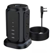 9-Outlet Power Strip Tower Surge Protector with 6.5 Ft. Flat Plug Extension Cord, 3 USB-A & 2 USB-C Ports, Black