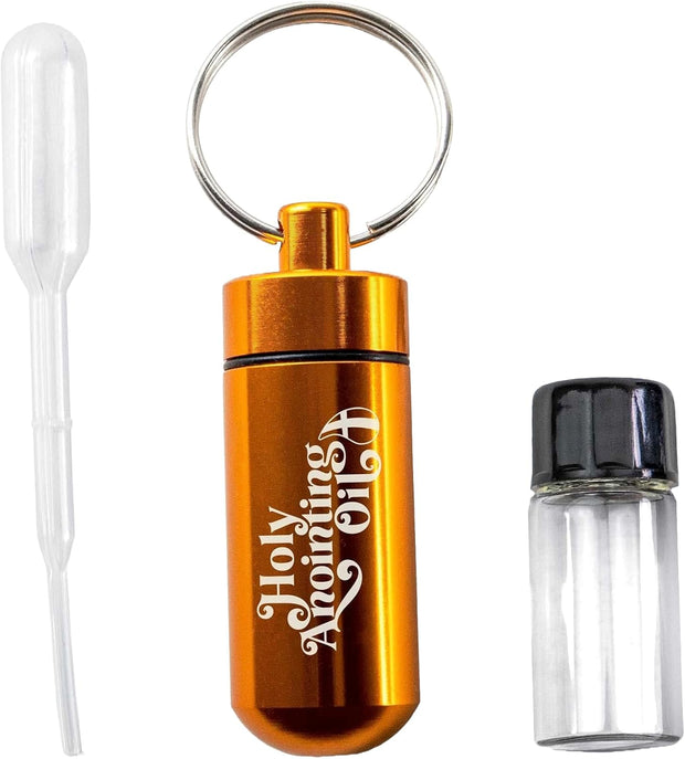Anointing Oil Bottle Accessory Kit, Gold Keychain Container, Plastic Eyedropper & Small Empty Glass Vial, Screw Top Metal Holder, Protective Travel Set for Holy Oils, Botellas Para Aceite Ungido