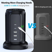9-Outlet Power Strip Tower Surge Protector with 6.5 Ft. Flat Plug Extension Cord, 3 USB-A & 2 USB-C Ports, Black