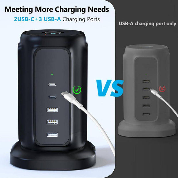9-Outlet Power Strip Tower Surge Protector with 6.5 Ft. Flat Plug Extension Cord, 3 USB-A & 2 USB-C Ports, Black