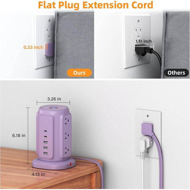 9-Outlet Power Strip Tower Surge Protector with 6.5 Ft. Flat Plug Extension Cord, 3 USB-A & 2 USB-C Ports, Purple
