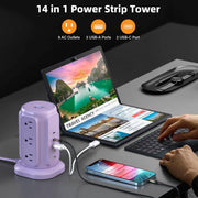 9-Outlet Power Strip Tower Surge Protector with 6.5 Ft. Flat Plug Extension Cord, 3 USB-A & 2 USB-C Ports, Purple