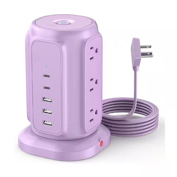 9-Outlet Power Strip Tower Surge Protector with 6.5 Ft. Flat Plug Extension Cord, 3 USB-A & 2 USB-C Ports, Purple