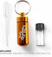 Anointing Oil Bottle Accessory Kit, Gold Keychain Container, Plastic Eyedropper & Small Empty Glass Vial, Screw Top Metal Holder, Protective Travel Set for Holy Oils, Botellas Para Aceite Ungido