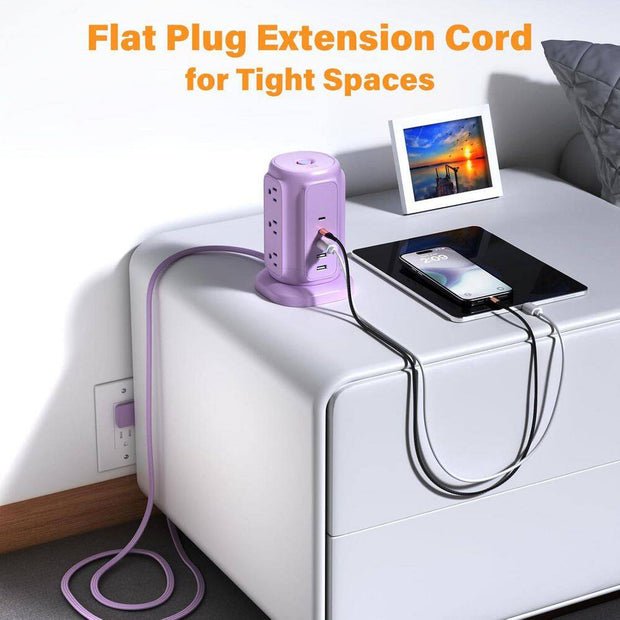 9-Outlet Power Strip Tower Surge Protector with 6.5 Ft. Flat Plug Extension Cord, 3 USB-A & 2 USB-C Ports, Purple